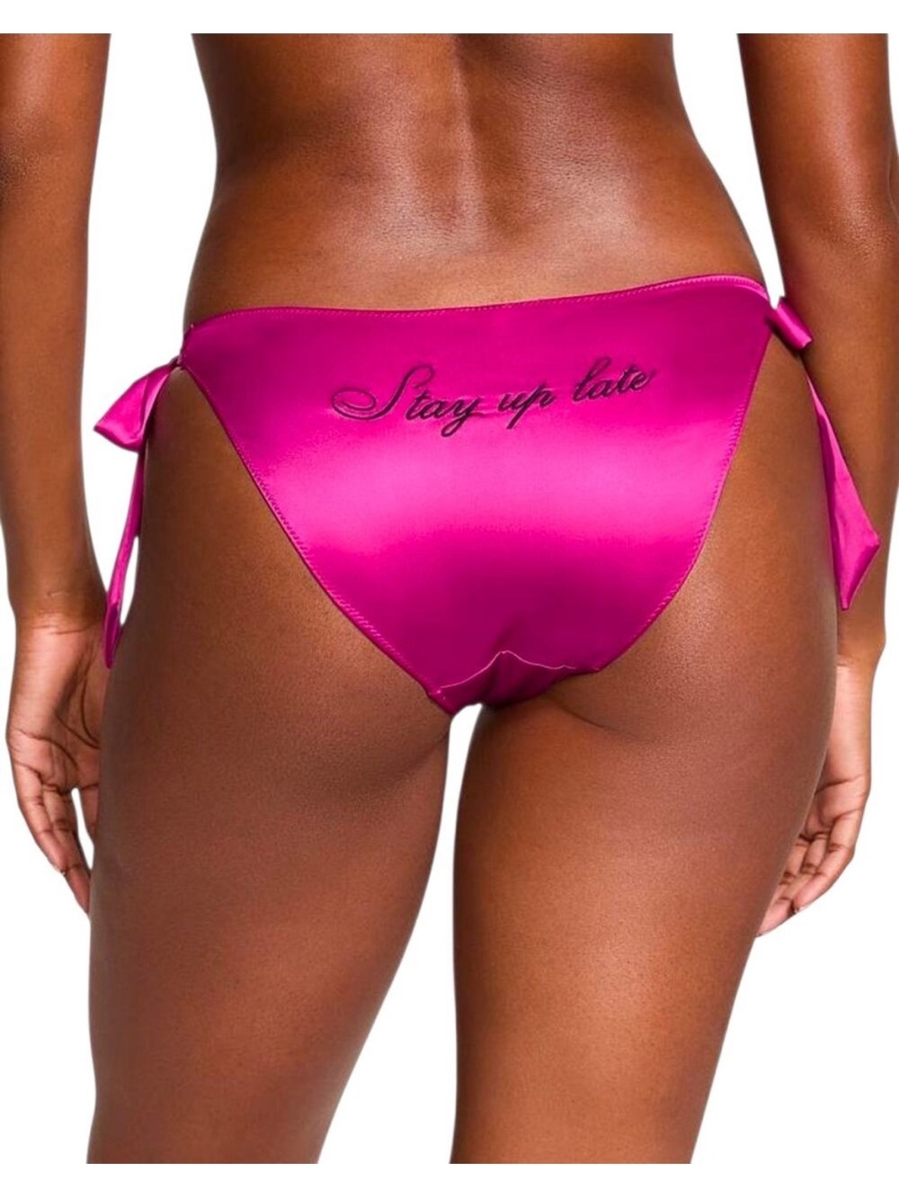 Victoria's Secret Pink Satin Side-Tie Panty with 'Stay up late' Embroidery